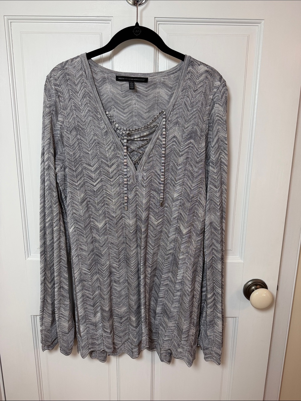 White House Black Market Gray Chevron Lace-Up Long Sleeve Top